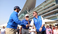 Saeed bin Suroor and Charlie Appleby shake hands. The Godolphin trainers have the two market-leaders for Wednesday’s Craven Stakes.