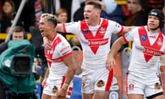 Tee Ritson (left) celebrates after scoring St Helens’ second try.