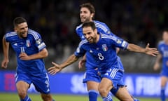 Giacomo Bonaventura celebrates scoring for Italy.