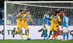 Enzo Barrenechea (left) celebrates after opening the scoring for Frosinone at Stadio Diego Armando Maradona.