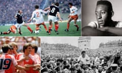 Archie Gemmill bamboozles the Dutch defence in Scotland’s on his way to scoring his wonder goal during the 1978 World Cup; Pele, the star of the 1958 World Cup, West German captain Fritz Walter and coach Sepp Herberger are carried aloft after their victory over Hungary in the 1954 World Cup final and Jan Molby is sporting Denmark’s well admired kit as he celebrates with team-mates at the 1986 World Cup