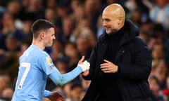 Pep Guardiola congratulates Phil Foden as he is substituted after scoring three times in Manchester City’s rout of Aston Villa.