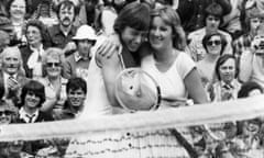 Wimbledon Winner<br>7th July 1978: Martina Navratilova gets a hug from Chris Evert (Chris Lloyd), after beating her in the final at the Wimbledon tennis championships, London, England. (Photo by Rob Taggart/Central Press/Getty Images) Wimbledon 1978 England;black white;format portrait;female;Sport;Tennis;Personality;Czech;American;Europe;C (RS/TAG);