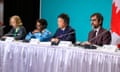 A press briefing at Cop15 in Montreal, Canada on 14 December 14, 2022. From left to right: Executive Director of the United Nations Environment Programme, Inger Andersen, Elizabeth Maruma Mrema, Executive Secretary of the UN Convention on Biological Diversity, Huang Runqiu, China's ecology and environment minister, Canadian Minister of the Environment and Climate Change, Steven Guilbeault.