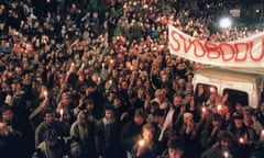 Czechoslovak students take part in a rally in support of Vaclav Havel for presidency, Prague, 17 November 1989.