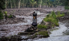 Cold lava from Mount Agung volcano flows on the river Yeh Sah.