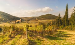 Tuscan landscape with vineyards and hills and church