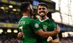 Republic of Ireland’s Robbie Brady celebrates scoring his country’s second goal against Gibraltar.