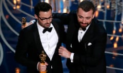 Sam Smith and Jimmy Napes accept the Oscar for Best Song for “Writing’s on the Wall” at the 88th Academy Awards in Hollywood,<br>Sam Smith (R) and Jimmy Napes accept the Oscar for Best Song for “Writing’s on the Wall” from the movie “Spectre” at the 88th Academy Awards in Hollywood, California February 28, 2016. REUTERS/Mario Anzuoni