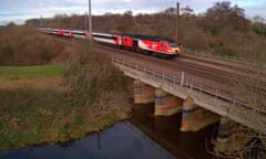 Drone view of 43307 Virgin Train, East Coast Main Line Railway, Peterborough, Cambridgeshire, England, UK<br>KWWRXT Drone view of 43307 Virgin Train, East Coast Main Line Railway, Peterborough, Cambridgeshire, England, UK