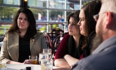 From left, Deanna Fox, 30, Jennifer Van Iderstyne, 35, Emily Lemieux, 34, and Jeff Cutler, 42, listen during a discussion of student debt in Albany.