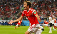 Russia v Egypt: Group A - 2018 FIFA World Cup Russia<br>SAINT PETERSBURG, RUSSIA - JUNE 19:    Mario Fernandes of Russia celebrates during the 2018 FIFA World Cup Russia group A match between Russia and Egypt at Saint Petersburg Stadium on June 19, 2018 in Saint Petersburg, Russia. (Photo by Robbie Jay Barratt - AMA/Getty Images)