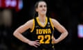 Iowa guard Caitlin Clark stands on the court during the second half of the Final Four college basketball championship game against South Carolina in the women's NCAA Tournament, Sunday, April 7, 2024, in Cleveland. (AP Photo/Carolyn Kaster)