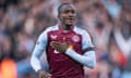 Moussa Diaby celebrates after scoring for Aston Villa against Luton.