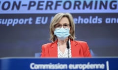 Financial services commissioner Mairead McGuinness speaking at a news conference today in Brussels