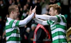 Stuart Armstrong, right, celebrates scoring Celtic’s second goal against Ross County with Leigh Griffiths.