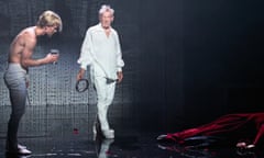 A topless Johan Christensen and Ian McKellen in white shirt and trousers share the role of Hamlet at Ashton Hall, St Stephens.