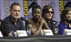 Andrew Lincoln, Danai Gurira, Norman Reedus, Lauren Cohan<br>Andrew Lincoln, from left, Danai Gurira, Norman Reedus and Lauren Cohan attend a panel for "The Walking Dead" on day two of Comic-Con International on Friday, July 20, 2018, in San Diego. (Photo by Richard Shotwell/Invision/AP)