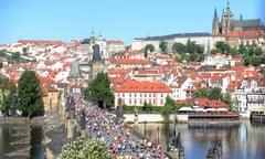 Crossing the Charles Bridge in the Prague marathon yesterday