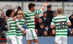 Celtic's Kyogo Furuhashi (second left) is congratualted by three teammates after scoring his side's first goal at the Global Energy Stadium, Dingwall.