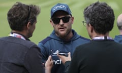 The England coach Brendon McCullum speaks to journalists