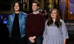 Saturday Night Live - Season 43<br>SATURDAY NIGHT LIVE -- Episode 1743 “John Mulaney” -- Pictured: (l-r) Musical Guest Jack White, Host John Mulaney, Aidy Bryant during a promo in 30 Rockefeller Plaza -- (Photo by: Rosalind O’Connor/NBC/NBCU Photo Bank via Getty Images)