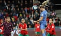 France's Eugenie Le Sommer heads home for her second goal of the game during the Women’s World Cup round of 16 soccer match between France and Morocco in Adelaide.and France’s fourth.