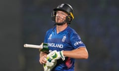 Jos Buttler leaves the ground after losing his wicket to Afghanistan