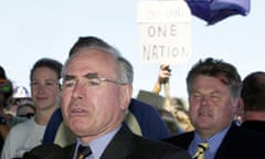 John Howard confronted by One Nation supporters on a visit to the NSW central coast in 2001. The then PM responded to the threat of One Nation to the Liberal party's electoral fortunes by refusing to preference the party.