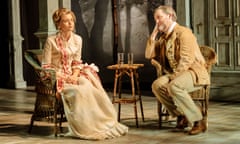 Abbey Lee (Yeliena) and Alan Cox (Vanya) in Uncle Vanya at Hampstead Theatre. Photo credit Manuel Harlan