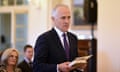 Malcolm Turnbull is sworn in by Australia's Governor-General Sir Peter Cosgrove as Australia's 29th Prime Minister at Government House in Canberra, Tuesday, Sept. 15, 2015. Former Australian Federal Minister for Communications Malcolm Turnbull won a ballot for the leadership of the Liberal National Party against Australian Prime Minister Tony Abbott with 54 to 44 votes. (AAP Image/Lukas Coch) NO ARCHIVING