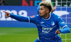 Georginio Rutter celebrates scoring for Hoffenheim against Leipzig in the Bundesliga in November 2022.