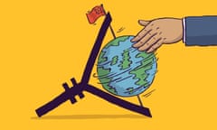 Illustration by Dom Mckenzie, showing a hand rotating a globe with a Chinese flag at the top.