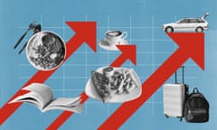 Inflation graphic, with arrows showing price rises of food and drink and hire cars