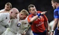 Strictly Editorial Use Only - No Merchandising.
Mandatory Credit: Photo by Patrick Khachfe/JMP/REX (4573623ao)
Referee Nigel Owens speaks to the France front row
England v France, Britain - 21 Mar 2015