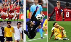 Clockwise from top left: Denmark celebrate; Diogo Costa, Cristiano Ronaldo; Sam Kerr; Pablo Larios and Tomas Boy.