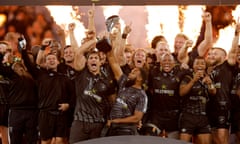 Eben Etzebeth of the Sharks lifts the trophy after the Challenge Cup final against Gloucester.