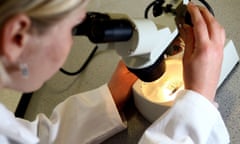 Scientist looking into a microscope.