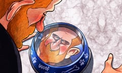 Cartoon of Prince Harry looking at his reflection in dog bowl.