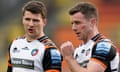 Leicester player and assistant coach Richard Wigglesworth (left) talks to teammate George Ford.