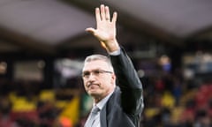 Nigel Pearson applauds the crowd at Watford.