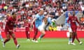 Erling Haaland attempts a shot on goal during Manchester City’s defeat by Liverpool in the Community Shield