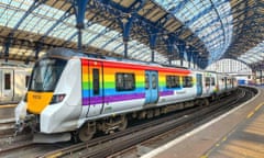 A Govia Thameslink Railway train in Pride livery on the London to Brighton line.