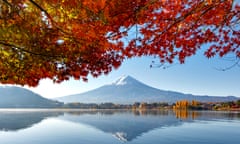 Mount Fuji and maple trees view, Lake Kawaguchiko, Japan.