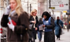 Anushka Asthana working as a charity worker stopping people on the street for cancer research. Charity collection  
Chugger