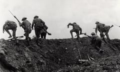 Soldiers climbing over their trench on the first day of the Battle of the Somme, July 1, 1916.