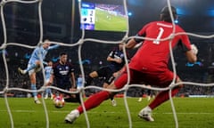 Erling Haaland fires home Manchester City’s third goal in their Champions League last 16 second leg against Copenhagen.