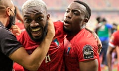 Esteban Obiang (left) celebrates Equatorial Guinea’s winner.