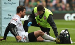 Danny Cipriani of Gloucester receives treatment to a groin injury before being replaced during the Premiership match at Northampton.