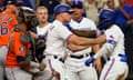 The Rangers' Corey Ragsdale, center, gets between Adolis Garcia and Astros catcher Martin Maldonado after Garcia was hit by a pitch during the eighth inning of Friday’s Game 5 of the AL Championship Series.